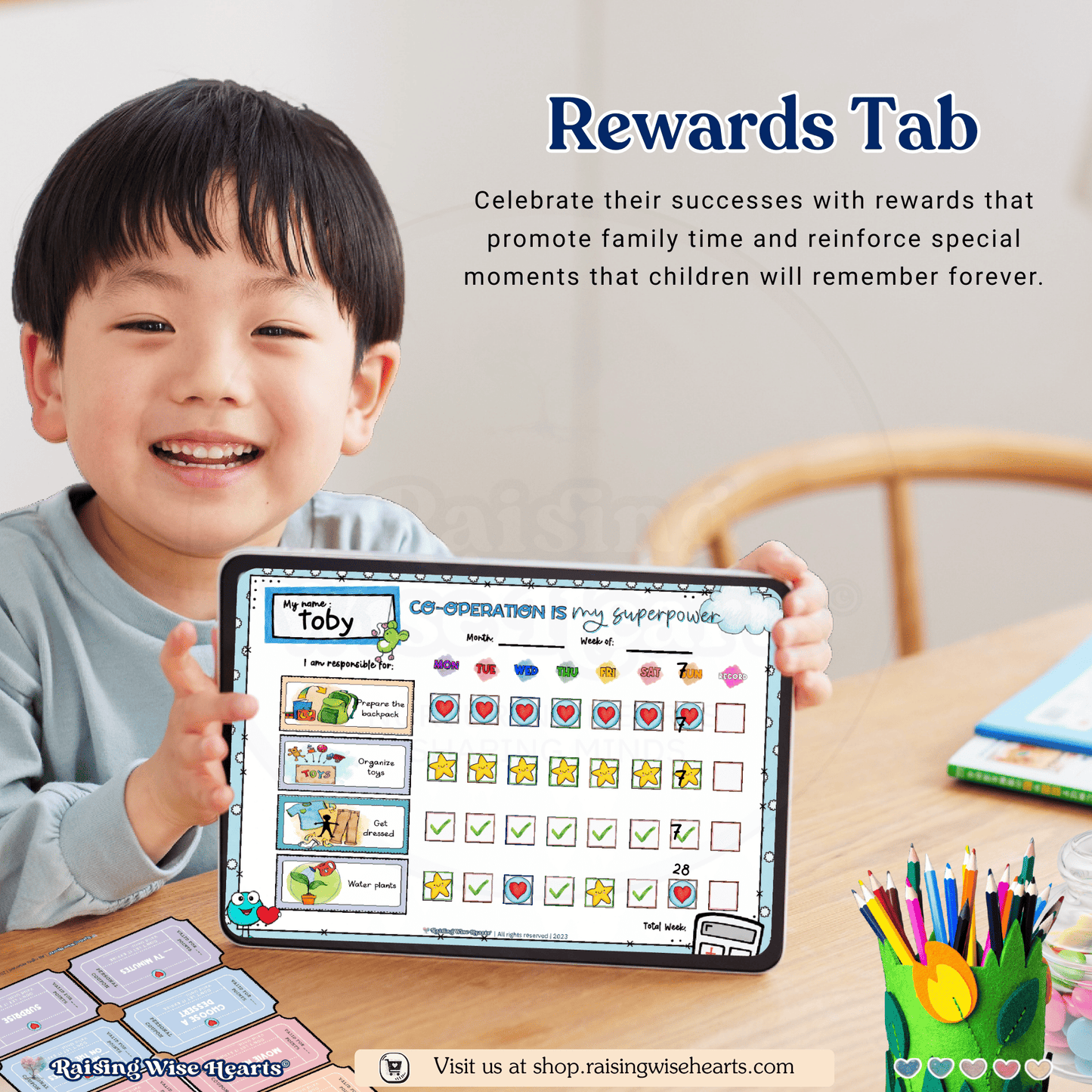 Complete family habits printable set with 54 Montessori task cards and reward stickers