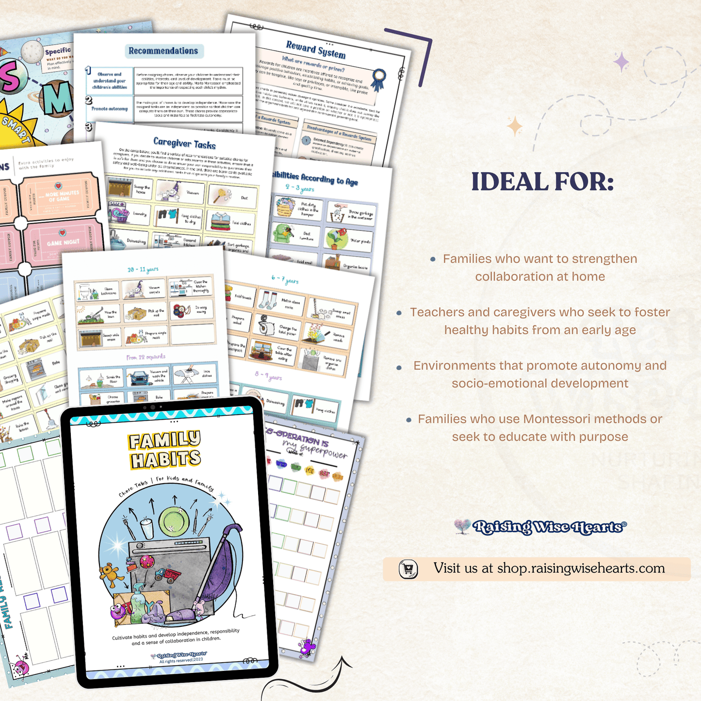 Family collaboration task cards and SMART goals poster for Montessori homes
