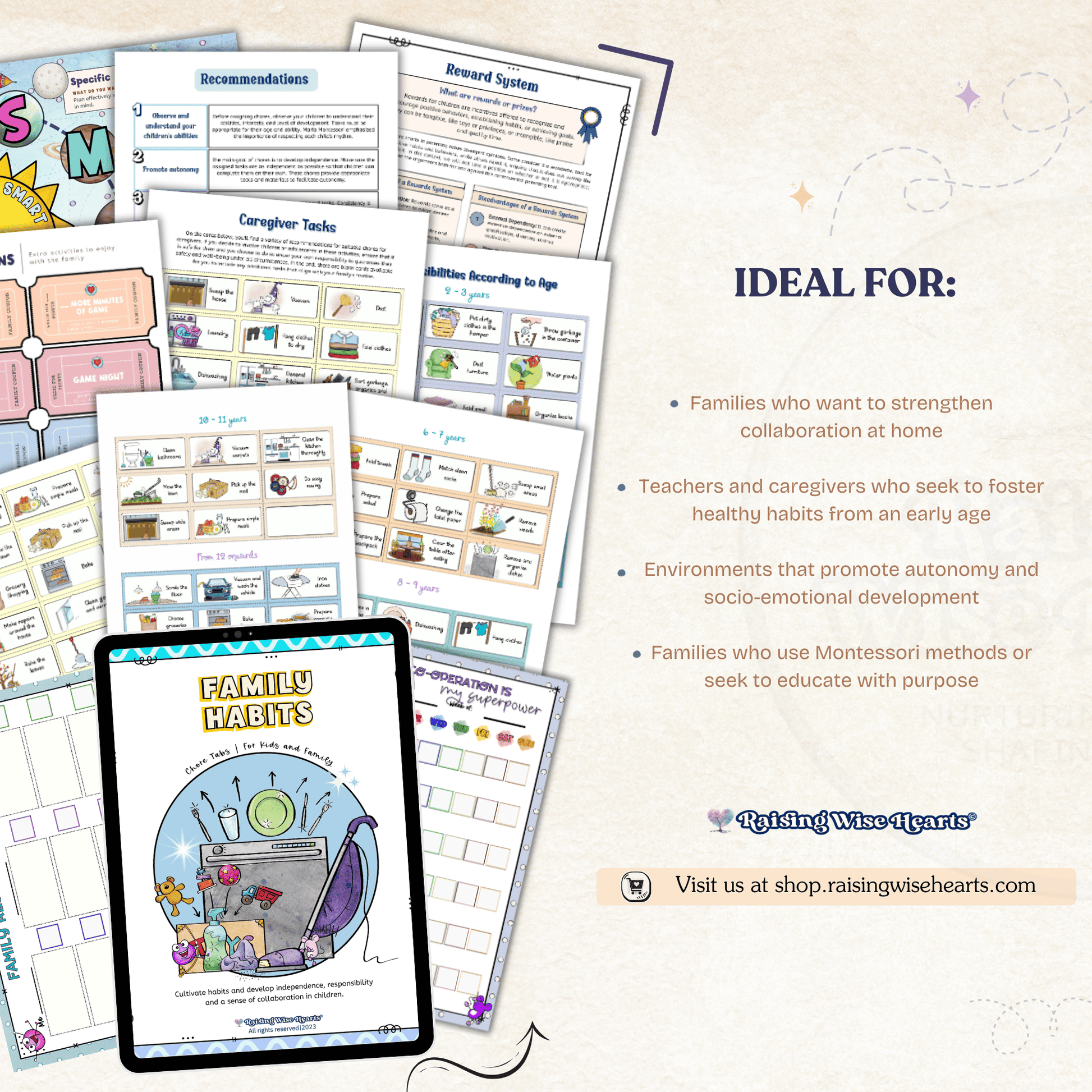 Family collaboration task cards and SMART goals poster for Montessori homes