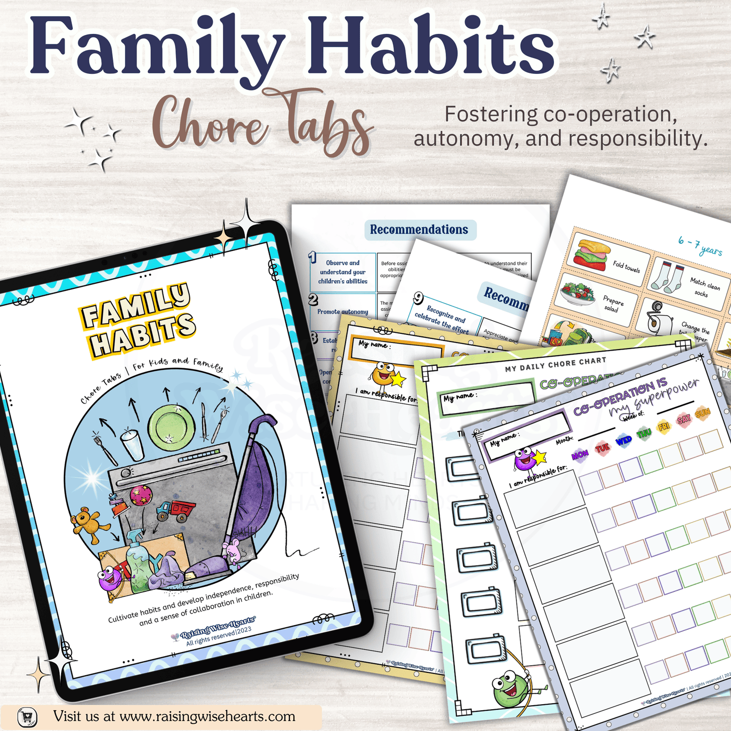 Montessori family habits board printable with colorful chore cards for children