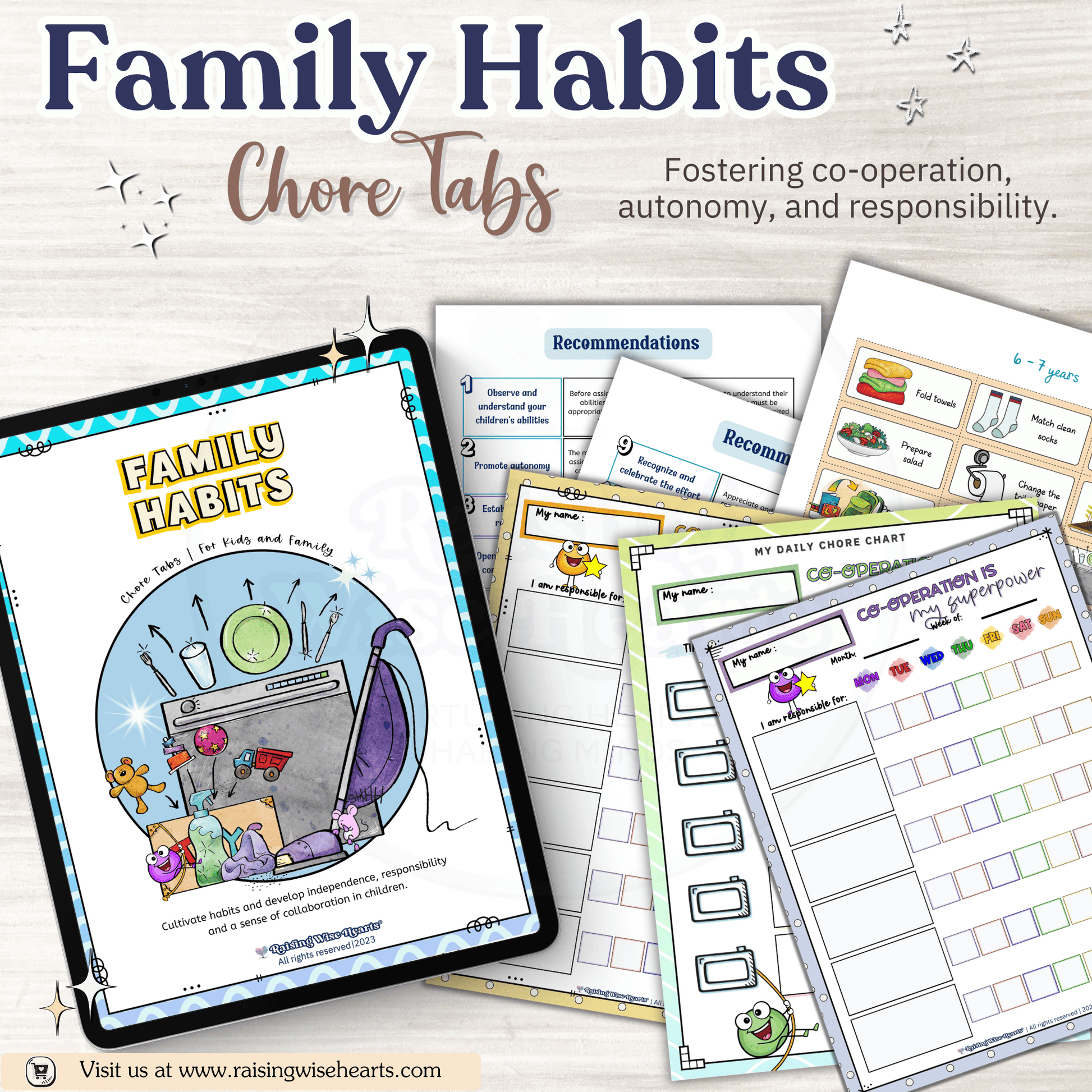 Montessori family habits board printable with colorful chore cards for children